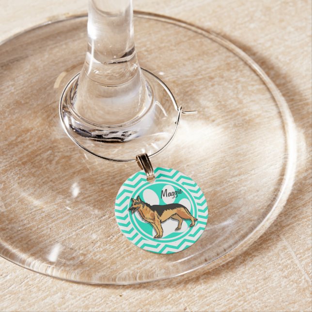 German Shepard; Aqua Green Chevron Wine Charm (In Situ)