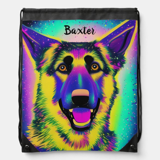 German Shepard Confetti Pop Art w/ Optional Name  Drawstring Bag (Front)