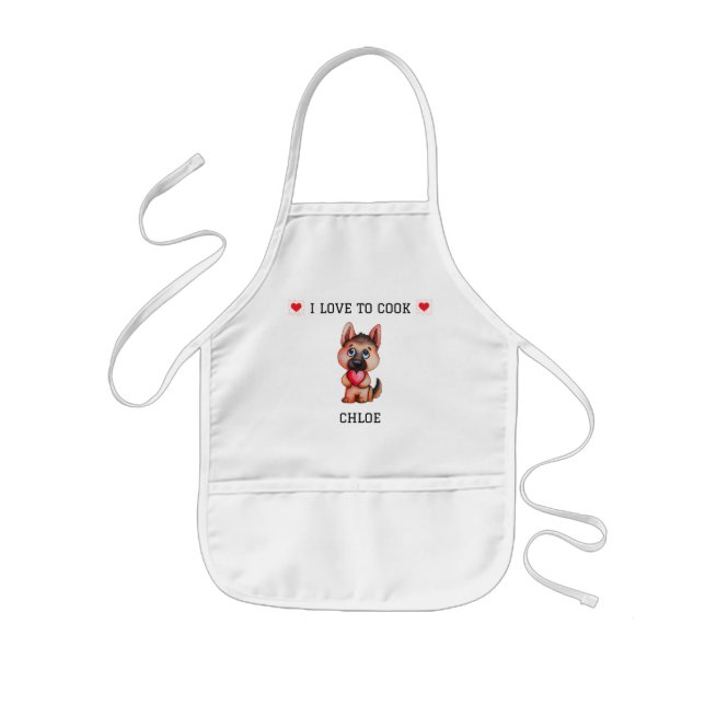 German Shepard puppy "I Love to Cook" personalized Kids' Apron (Front)