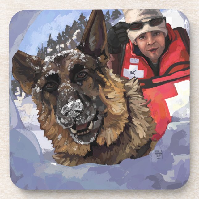 German Shepard Search and Rescue in the Snow Beverage Coaster (Front)