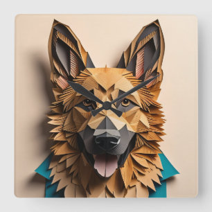 German Shepherd 3D Paper Art Design T-shirt Square Wall Clock