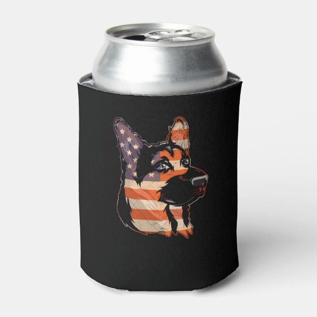 German Shepherd 4th of July American Flag Can Cooler (Can Front)