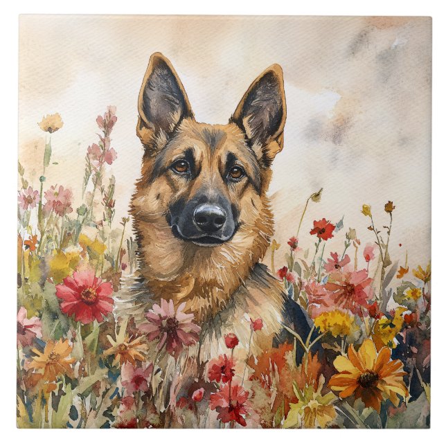 German Shepherd Among Vibrant Wildflowers Ceramic Tile (Front)