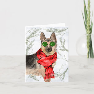 German Shepherd and Botanical Pines Christmas Holiday Card