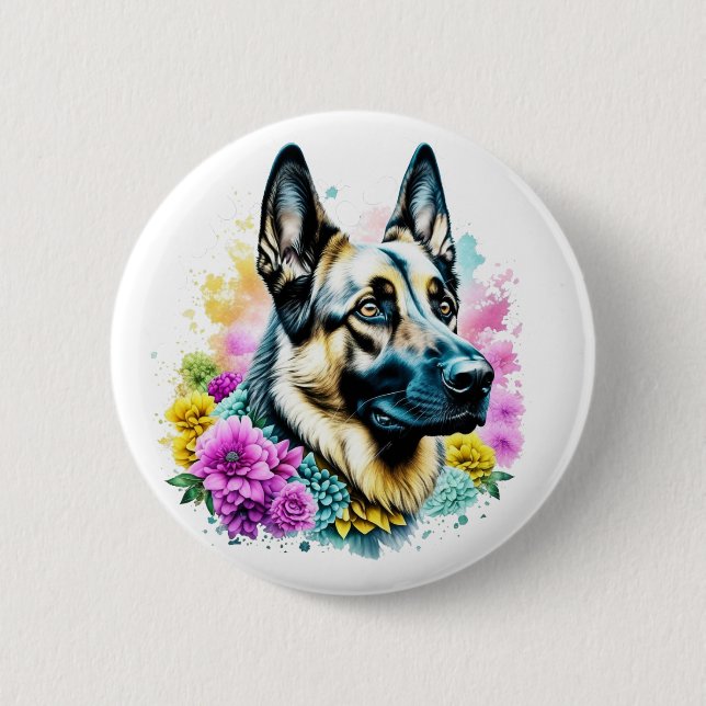 German Shepherd and Flowers ai art Button (Front)