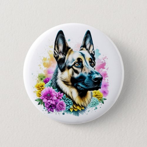 German Shepherd and Flowers ai art Button