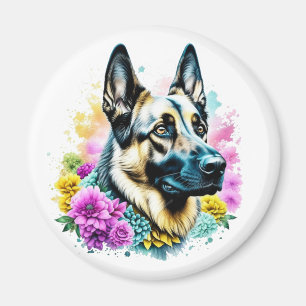 German Shepherd and Flowers ai art Magnet