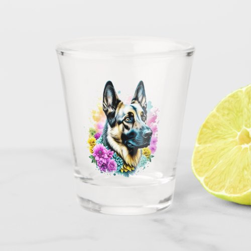 German Shepherd and Flowers ai art Shot Glass