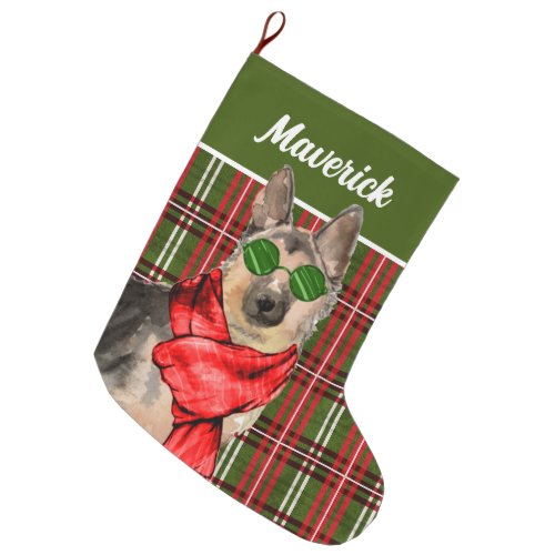 German Shepherd and Plaid with Dogs Name Large Christmas Stocking