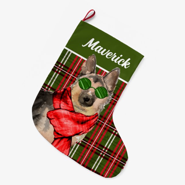 German Shepherd and Plaid with Dog's Name Large Christmas Stocking (Front (Hanging))