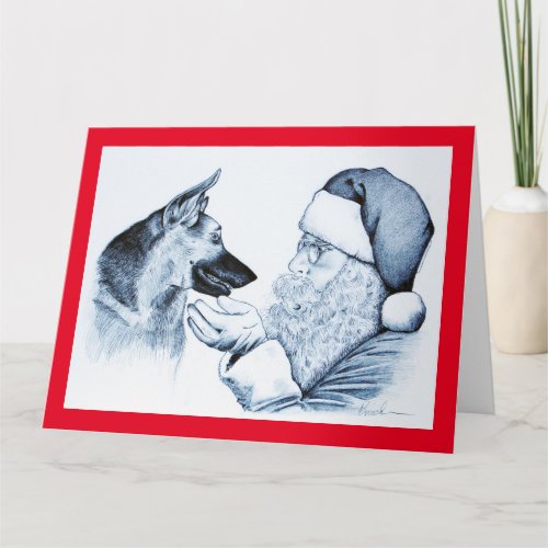 German Shepherd and Santa Claus Card