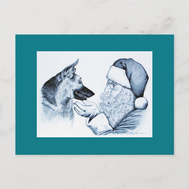 German Shepherd and Santa Claus Holiday Postcard (Front)