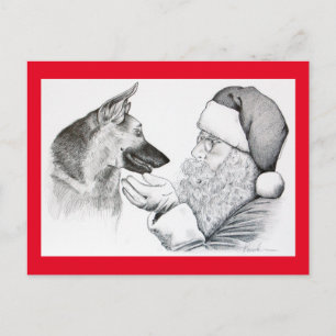 German Shepherd and Santa Claus Holiday Postcard
