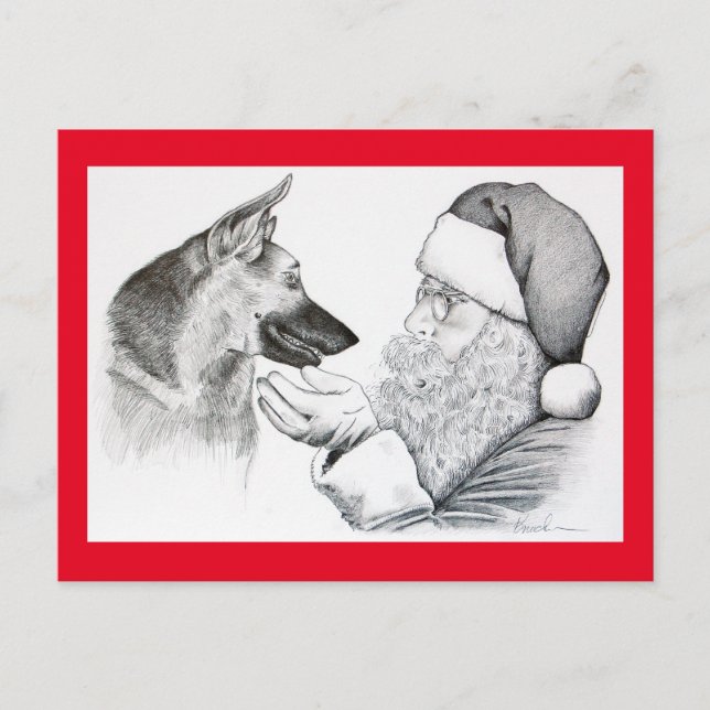 German Shepherd and Santa Claus Holiday Postcard (Front)