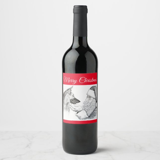 German Shepherd and Santa Claus - Merry Christmas Wine Label (Front)