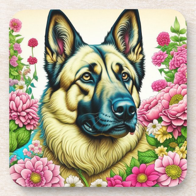 German Shepherd and Whimsical Flowers Beverage Coaster (Front)