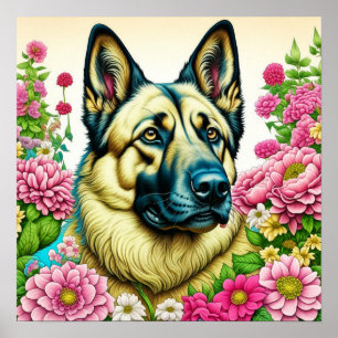 German Shepherd and Whimsical Flowers Poster