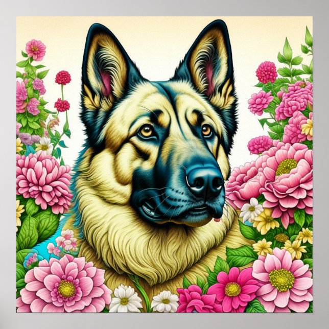 German Shepherd and Whimsical Flowers Poster (Front)