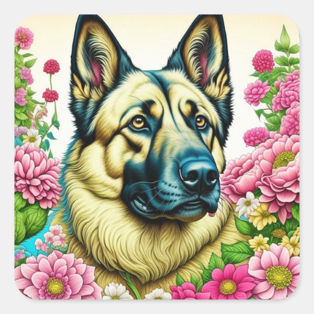 German Shepherd and Whimsical Flowers Square Sticker (Front)