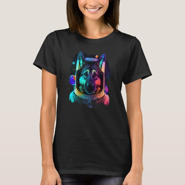 German Shepherd Astronaut in Space Cool Dog Fun Co T-Shirt (Front)