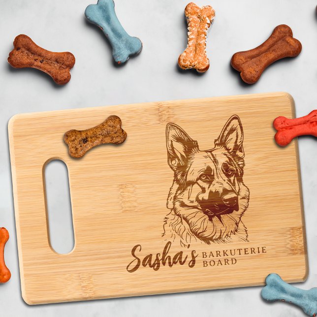 German Shepherd Barkuterie Dog Treat Wood Engraved Cutting Board (German Shepherd Dog Cutting Board Barkuterie Personalized with Dog's Name, Dog Mom Dad Owner Gift)