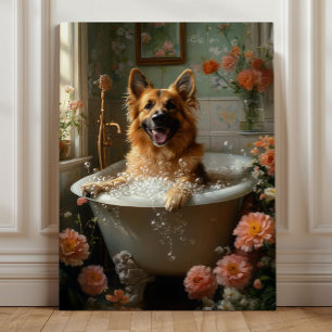 German Shepherd Bath, Whimsical Dog Bathroom Canvas Print