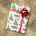 German Shepherd, Bird, and Christmas Tree Wrapping Paper<br><div class="desc">The repeated pattern on this cute Christmas wrapping paper is an image of a German Shepherd Dog wearing a red Christmas scarf. The dog sits among brightly wrapped gift packages beside a decorated Christmas tree. A bullfinch bird is landing on the tree, and the dog is watching it. Stylized red...</div>