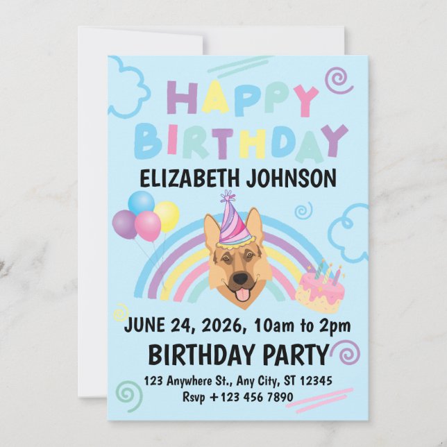 German Shepherd Birthday Invitation in Blue (Front)