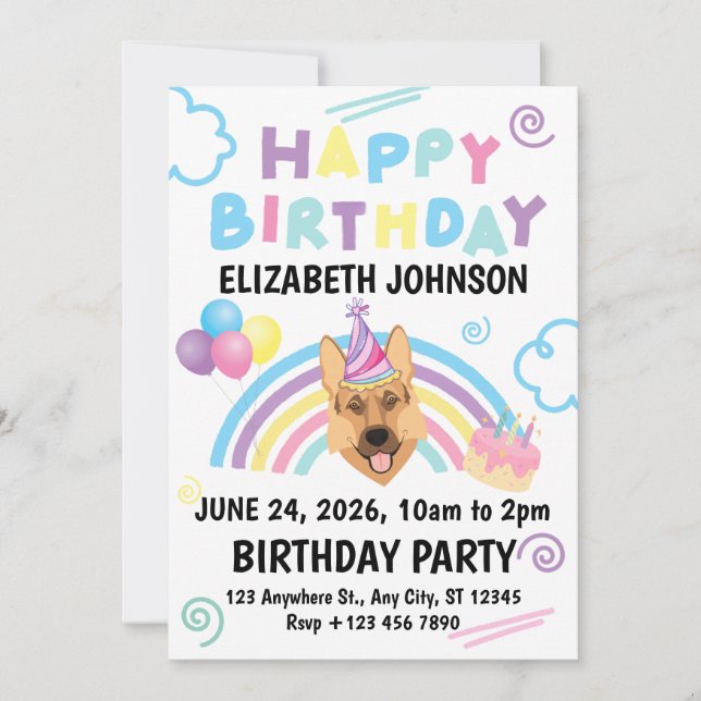German Shepherd Birthday Invitation in White (Front)