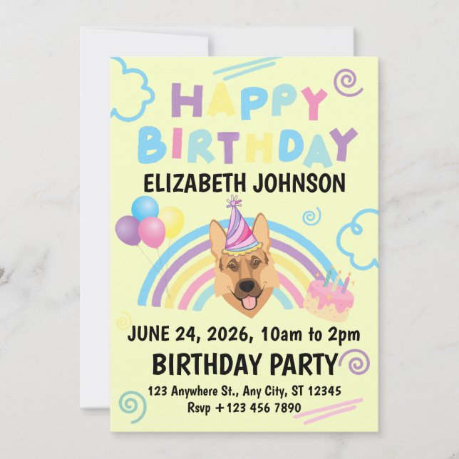 German Shepherd Birthday Invitation in Yellow (Front)