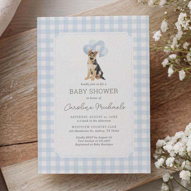 German Shepherd Blue Gingham Baby Shower Invitation (Creator Uploaded)