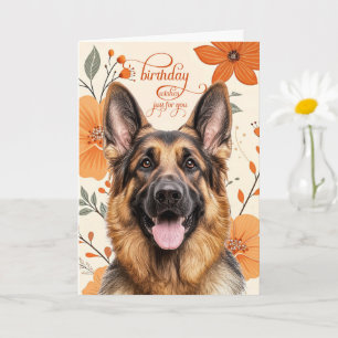 German Shepherd Bold Retro Orange Flowers Birthday Card