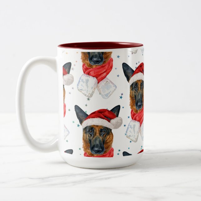 German Shepherd Breed Dog Pattern Stars Christmas Two-Tone Coffee Mug (Left)