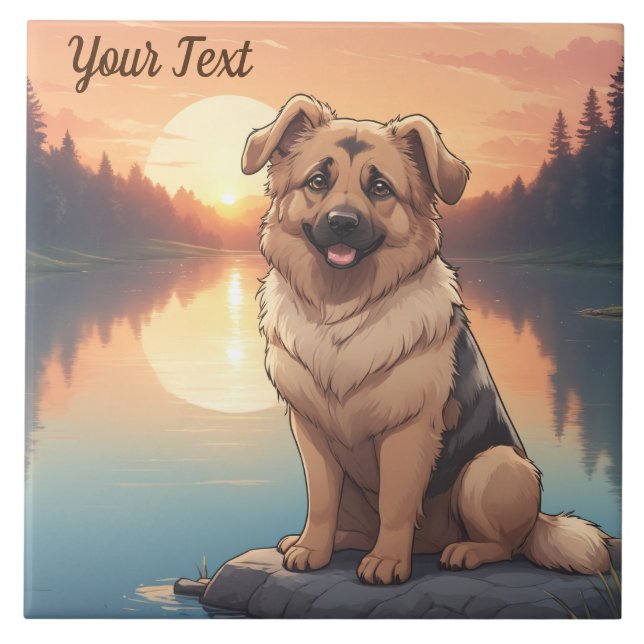 German Shepherd by Lake Ceramic Tile (Front)