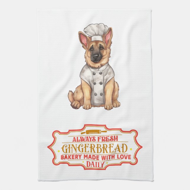 German Shepherd Chef Baking Gingerbread Kitchen Towel (Vertical)