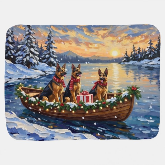 German Shepherd Christmas Boat Holiday Baby Blanket (Horizontal)