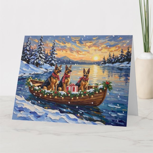 German Shepherd Christmas Boat Holiday Card (Front)