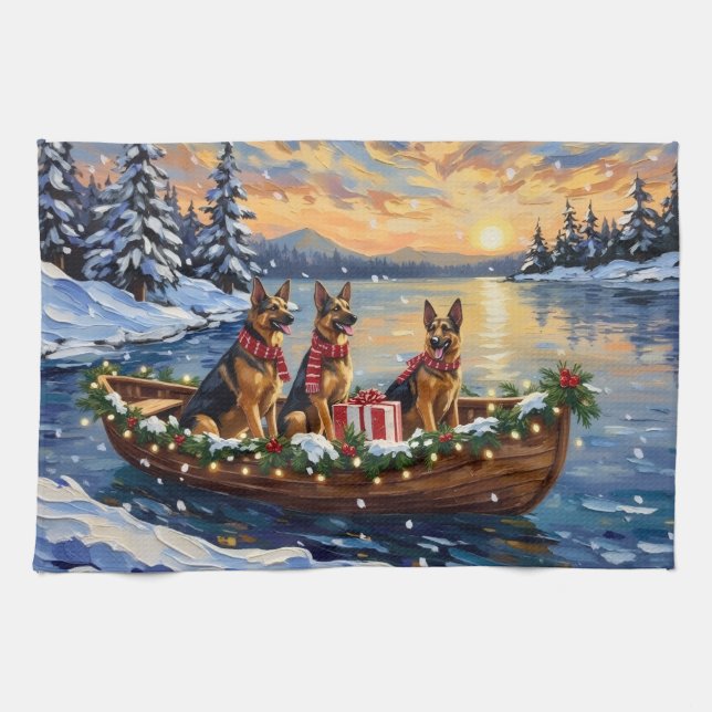 German Shepherd Christmas Boat Holiday Kitchen Towel (Horizontal)
