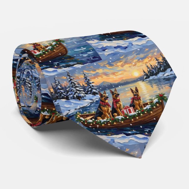 German Shepherd Christmas Boat Holiday Neck Tie (Rolled)