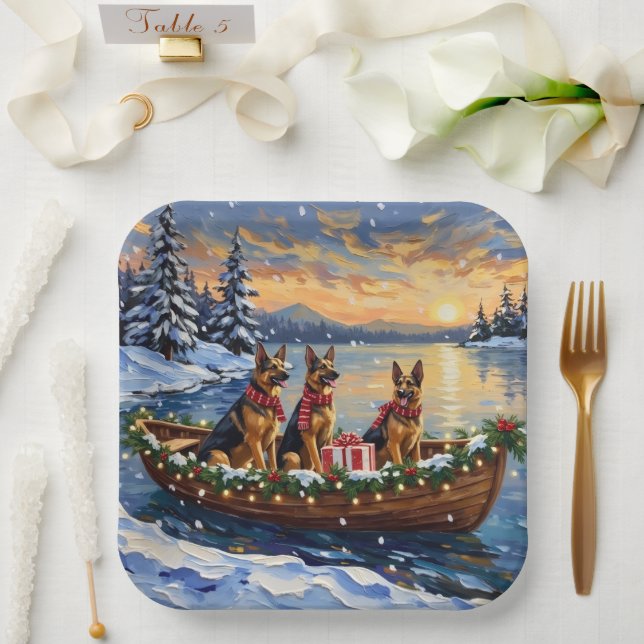 German Shepherd Christmas Boat Holiday Paper Plates (Wedding)