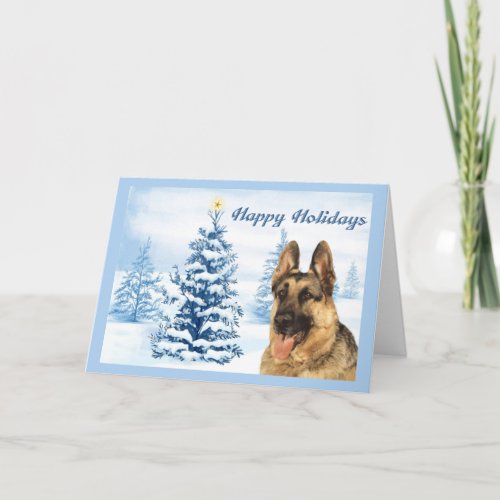 German Shepherd Christmas Card Blue Tree
