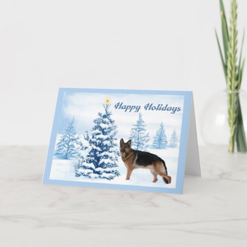 German Shepherd Christmas Card Blue Tree