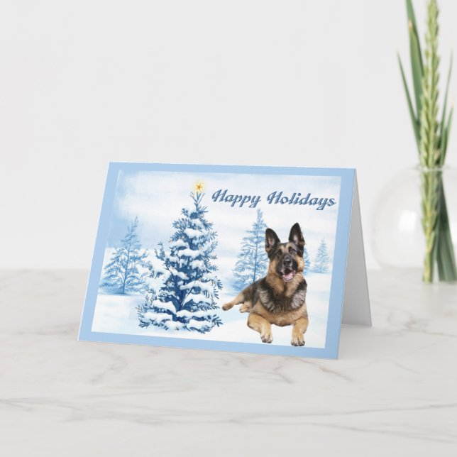 German Shepherd Christmas Card Blue Tree (Front)