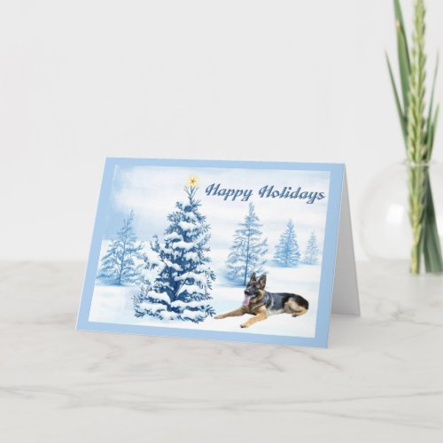 German Shepherd Christmas Card Blue Tree2