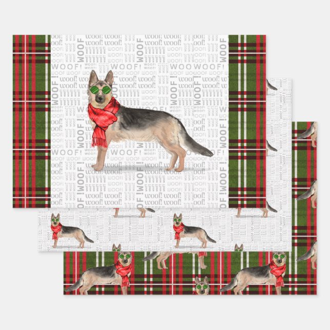 German Shepherd Christmas Dog and Plaid Wrapping Paper Sheets (Set)