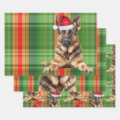 German Shepherd Christmas Dog Red Holiday Plaid Wrapping Paper Sheets
