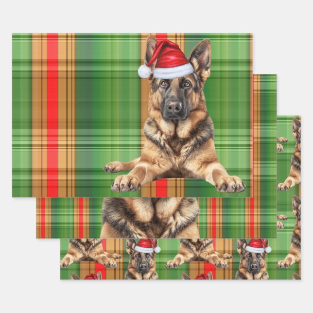 German Shepherd Christmas Dog Red Holiday Plaid Wrapping Paper Sheets (Set)