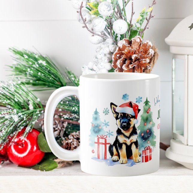 German Shepherd Christmas gifts for dog people Coffee Mug (Cute German Shepherd puppy in Santa hat by Christmas tree and gift boxes watercolor personalized mug)