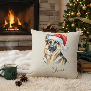 German Shepherd Christmas Illustration Pet Name Throw Pillow