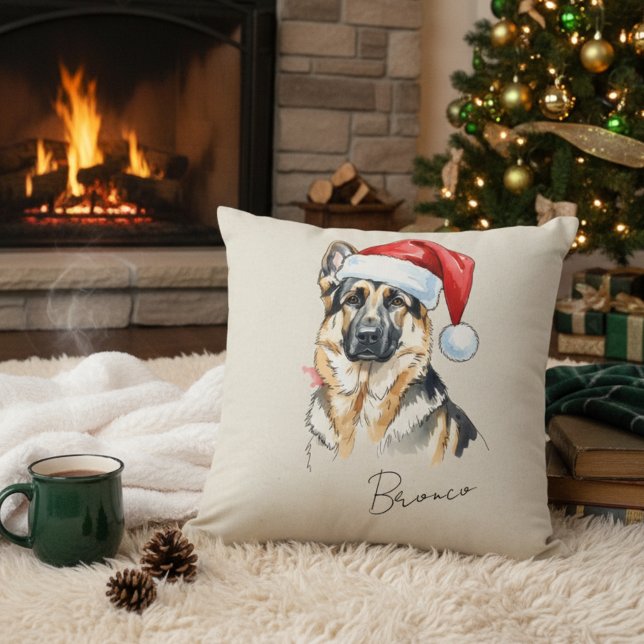 German Shepherd Christmas Illustration Pet Name Throw Pillow (Add a special touch to your home with this custom pet portrait throw pillow! )